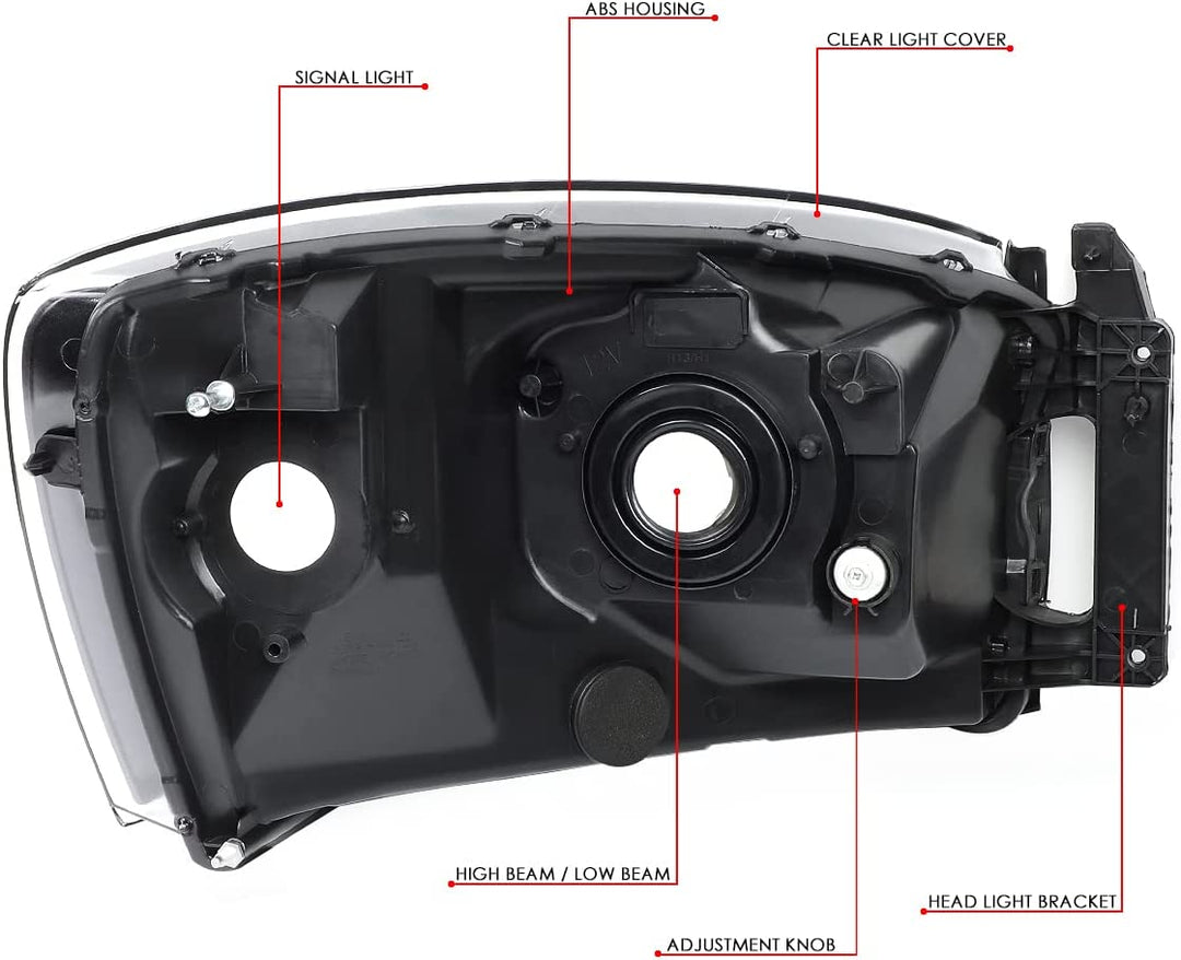 Auto Dynasty Factory Style Headlights Compatible With 0609 Dodge Ram 1500 2500 3500 Driver And Passenger Side Clear Lens Chrome Housing