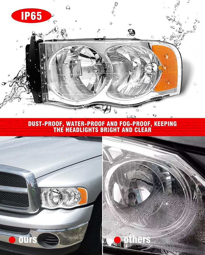 2002-2005 Dodge Ram Headlight Assembly For 1500 2500 3500 20032005 Clear Chrome Lens With Amber Reflector Replacement Left Right