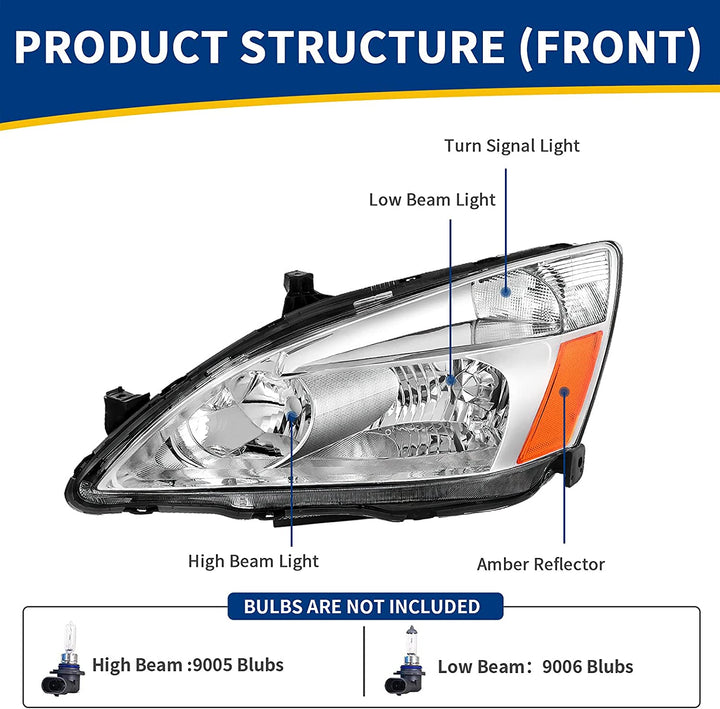 Autosaver88 Headlight Assembly Compatible With 03 04 05 06 07 Accord Oe Replacement Chrome Headlights Wclear Housing