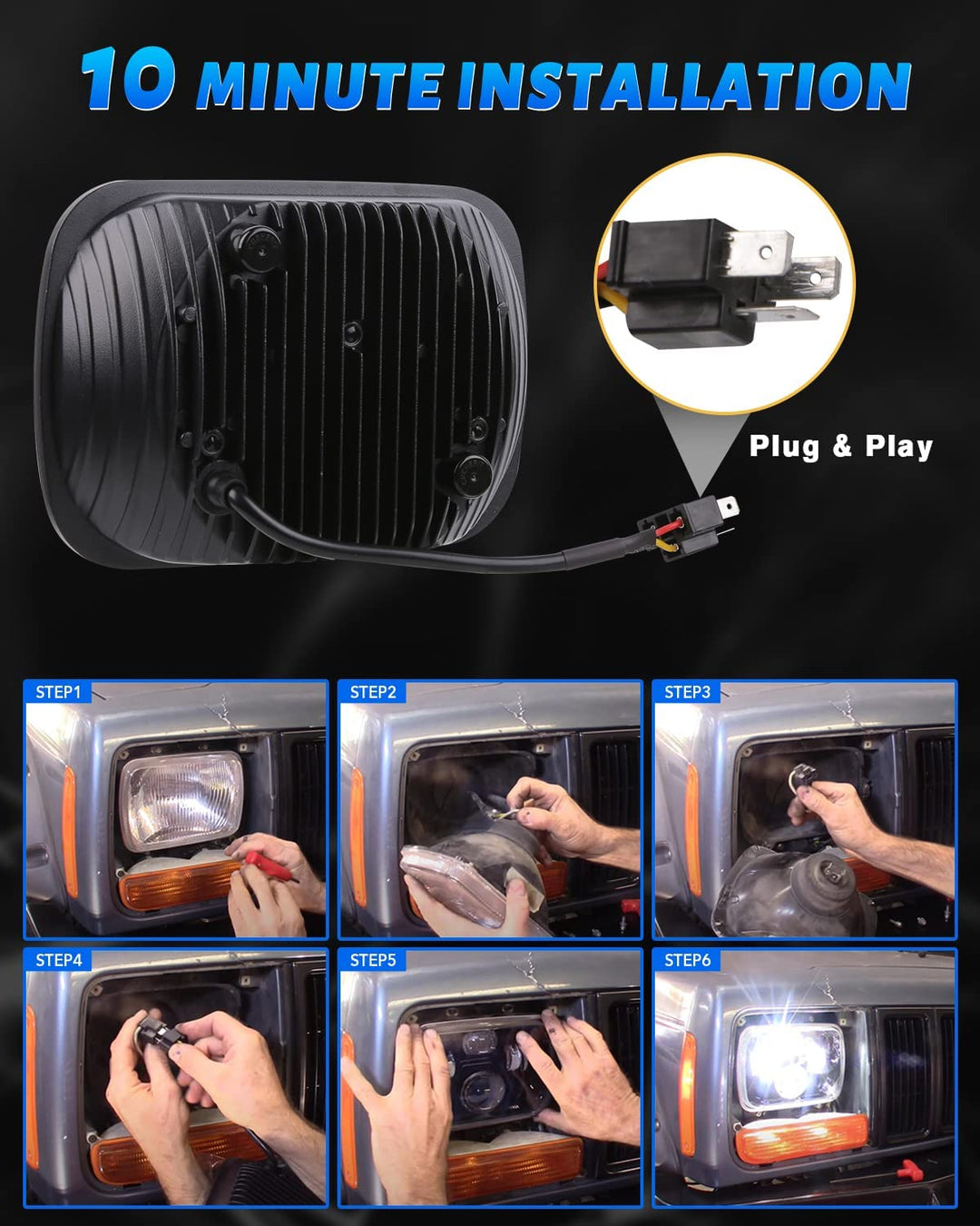 7x6 5x7 H6054 LED Headlights H6054 High Low Sealed Beam DOT 110W 8400lm Compatible with Jeep Cherokee XJ Wrangler YJ Comanche MJ GMC Savana Safari Ford Replacement Black