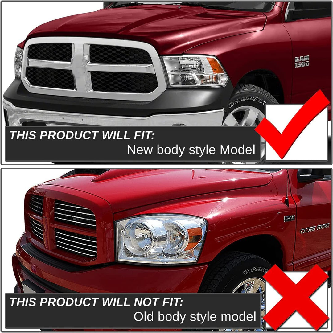 2009-2018 Dodge Ram Headlight Assembly Compatible with Ram 1500 / Ram 2500 3500 / 2010-2018 / Ram 2500 3500 / 2019-2021 Ram 1500 Classic, Chrome Housing Amber Reflector Replacement