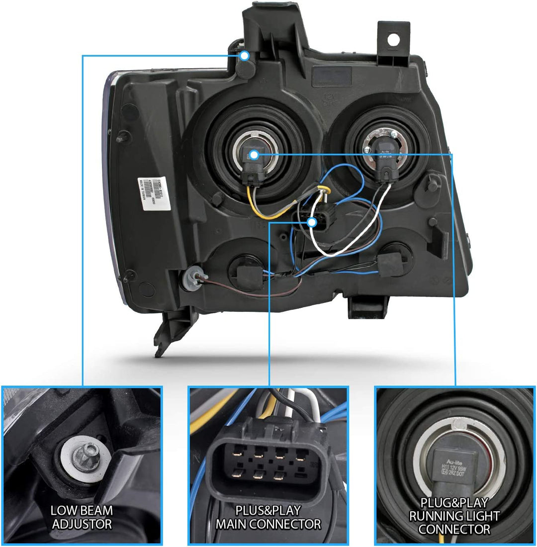 Amerilite Black Replacement Headlights For Chevy Tahoe Suburban Avalanche Pair Driver And Passenger Side Housing