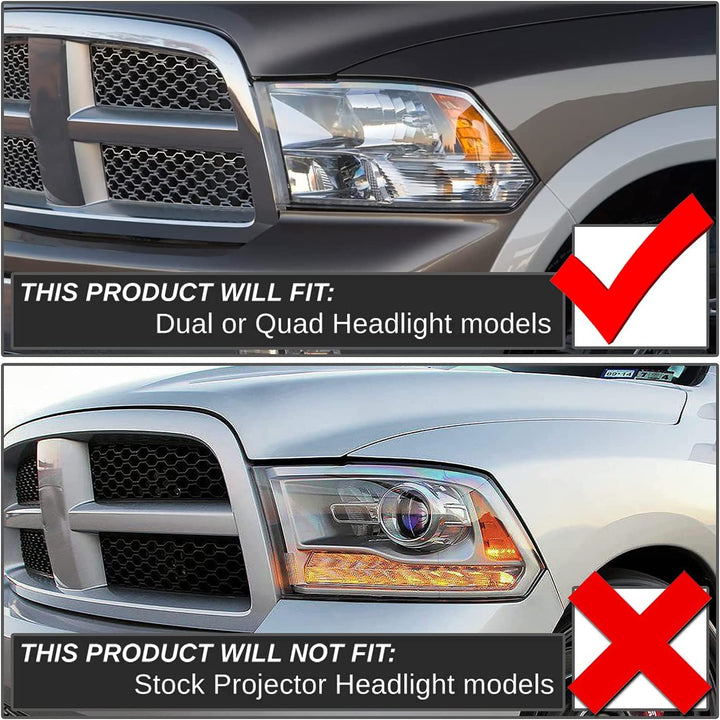 2009-2018 Dodge Ram Headlight Assembly Compatible with Ram 1500 / Ram 2500 3500 / 2010-2018 / Ram 2500 3500 / 2019-2021 Ram 1500 Classic, Chrome Housing Amber Reflector Replacement