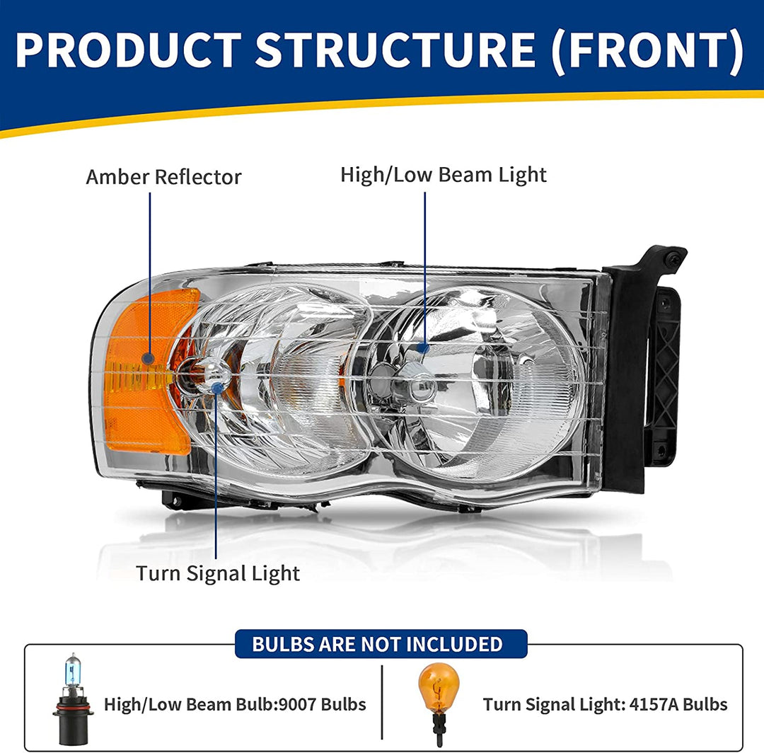 Headlights Assembly For 20022005 Dodge Ram Pickup Headlight Replacement Driving Light Chrome Housing Red Reflector Clear Lens