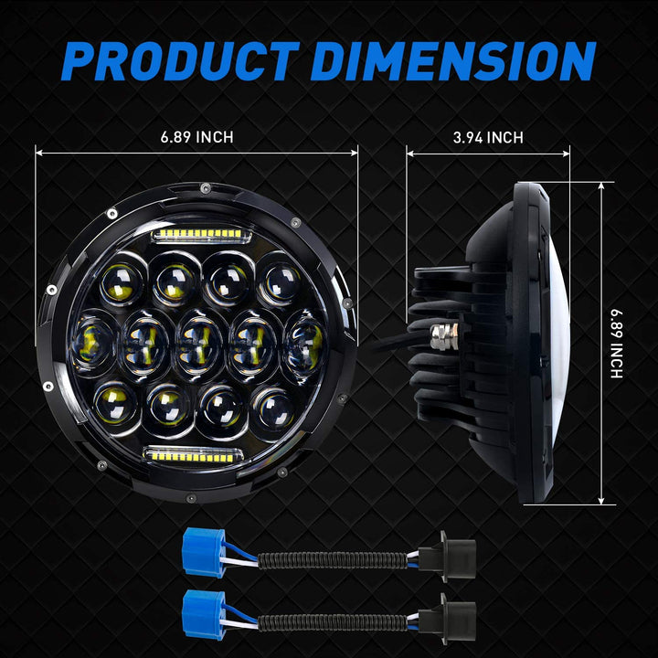 Aaiwa 7 Inch Round LED Headlight Daytime Running Light Dlr High Low Beam For Car Motorcycle With H4 H13 Adapter 2 Pack