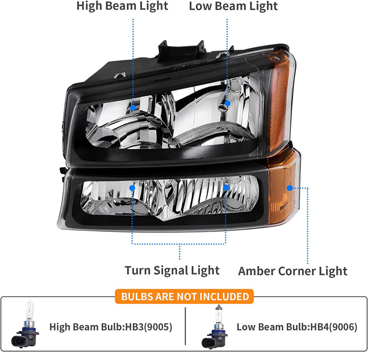 Dwvo Headlight Assembly Compatible With Chevy Silverado Avalanche 1500 2500 3500 Black Clear Housing
