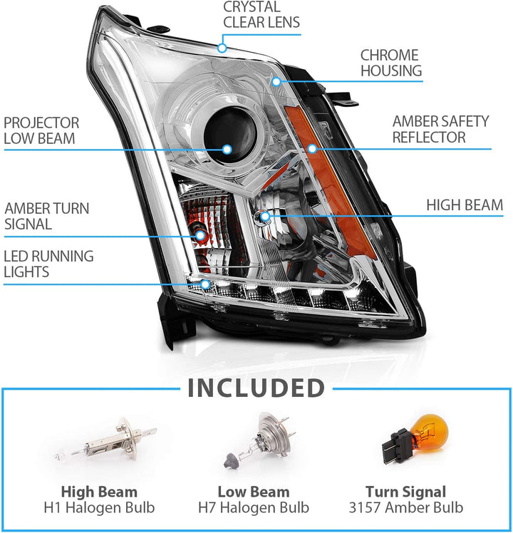 Amerilite Chrome Projector Replacement Headlights LED Boards For 20102016 Cadillac Srx Version Only Passenger And Driver Side