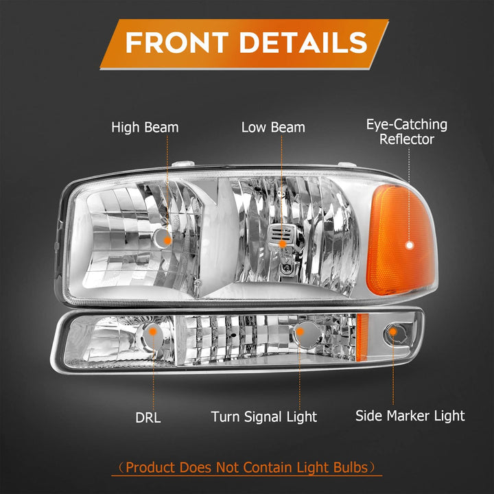 Lbrst Headlight Assembly For Gmc Sierra 1500 19992006 Classic 2007 Chrome Housing Amber Reflector Clear Lens Driver And Passenger Side Headlamp