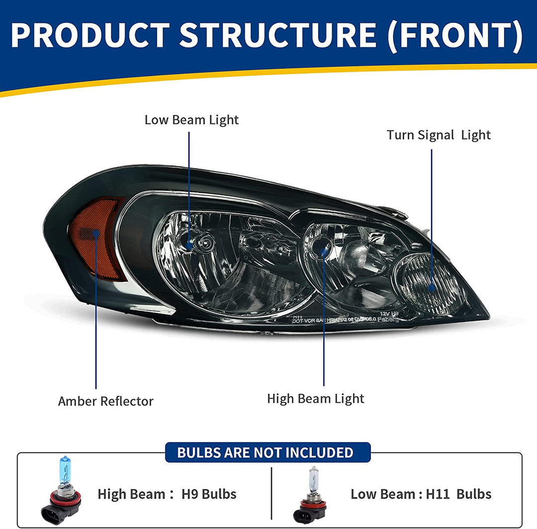 Autosaver88 Headlight Assembly Compatible With 20062013 Chevy Impala 06 07 Monte Carlo Replacement Headlamp Driving Light Chrome Housing Amber Reflector Clear Lens 25958359 25958360 A Black Smoke Oe