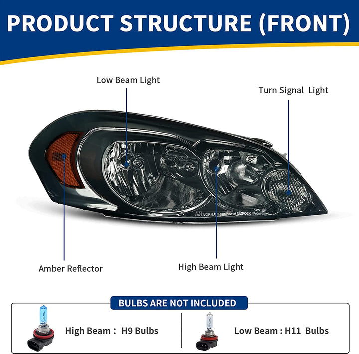 Autosaver88 Headlight Assembly Compatible With 20062013 Chevy Impala 06 07 Monte Carlo Replacement Headlamp Driving Light Chrome Housing Amber Reflector Clear Lens 25958359 25958360 A Black Smoke Oe