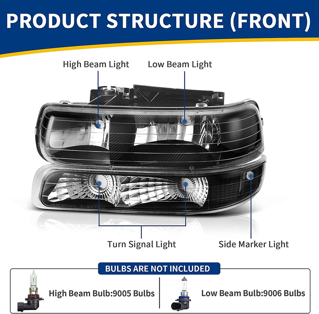 Autosaver88 Headlight Assembly Compatible With 19992002 Chevy Silverado 20002006 Tahoe Suburban Headlamp Bumper Lights Black Housing Reflector