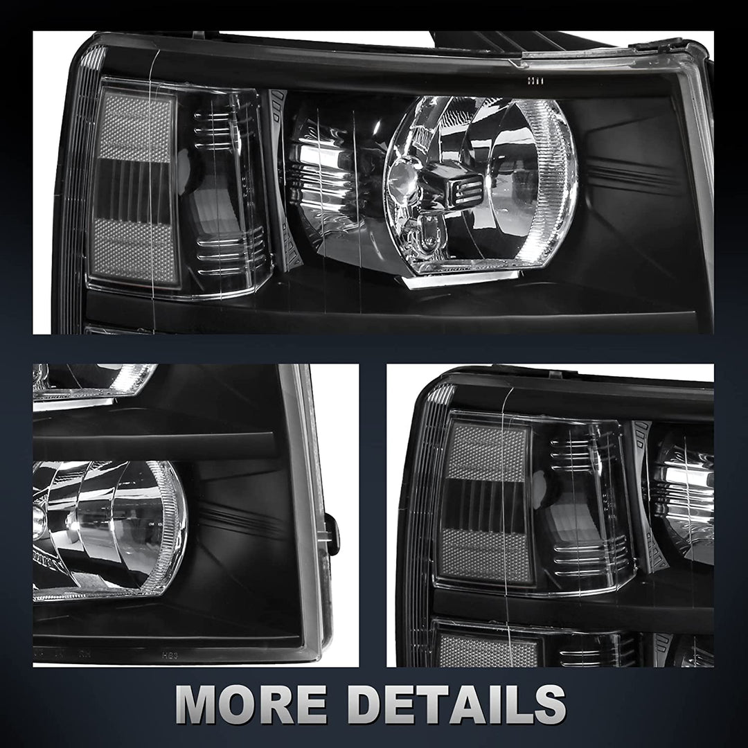 Mostplus Headlight Assembly Compatible With Chevy Chevrolet Silverado 1500 2500 3500 Black Housing Clear Lens Amber Reflector