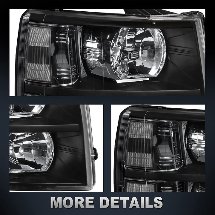 Mostplus Headlight Assembly Compatible With Chevy Chevrolet Silverado 1500 2500 3500 Black Housing Clear Lens Amber Reflector