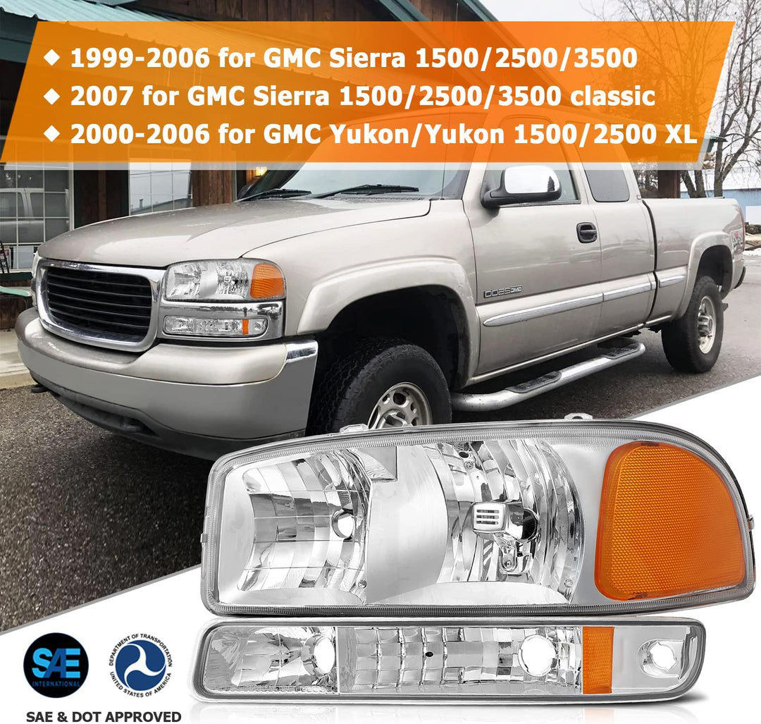 Lbrst Headlight Assembly For Gmc Sierra 1500 19992006 Classic 2007 Chrome Housing Amber Reflector Clear Lens Driver And Passenger Side Headlamp