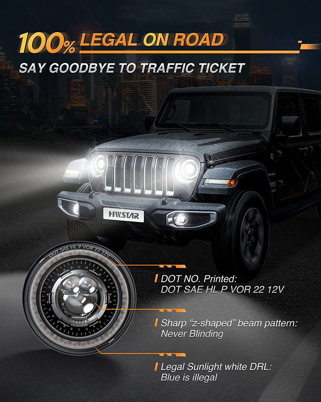 HWSTAR 1000% Bright Anti-Glare 7 Inch Round LED Headlights Compatible with Jeep Wrangler JK JKU TJ LJ Chevy Ford GMC etc. With Starry Boot Gradient Halo Turn Signal DRL H6024 DOT Hi/Lo Sealed Beam