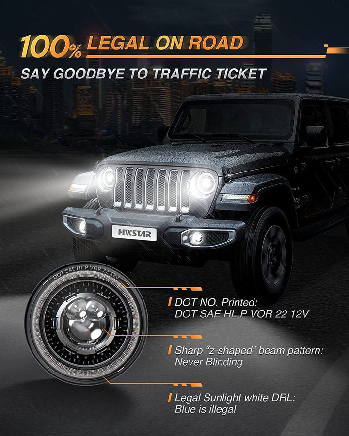 HWSTAR 1000% Bright Anti-Glare 7 Inch Round LED Headlights Compatible with Jeep Wrangler JK JKU TJ LJ Chevy Ford GMC etc. With Starry Boot Gradient Halo Turn Signal DRL H6024 DOT Hi/Lo Sealed Beam