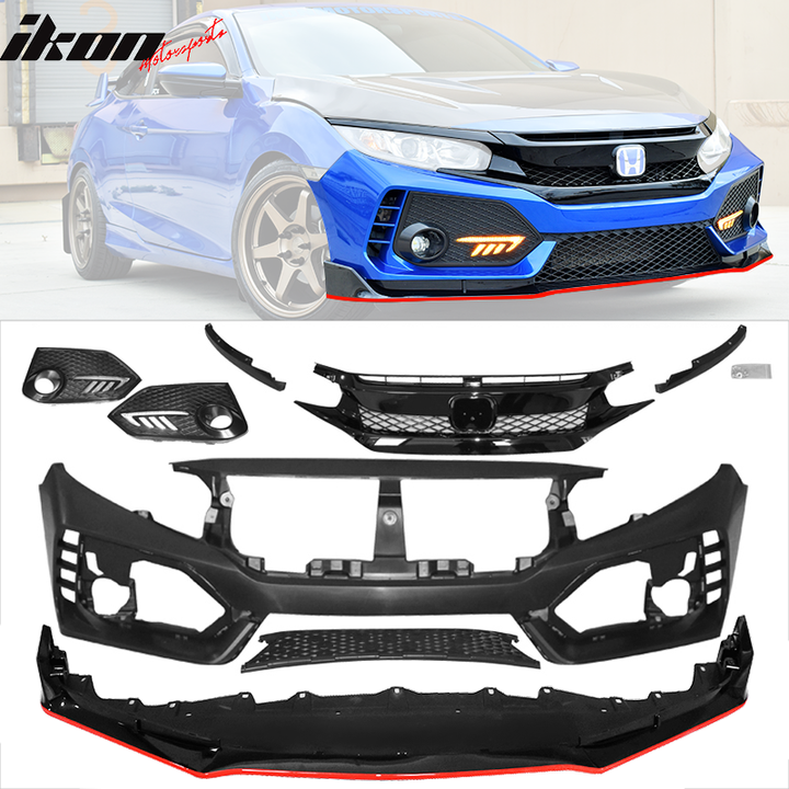Fits 16-18 Honda Civic TR Front Bumper + Grille + Lip + Foglight Cover