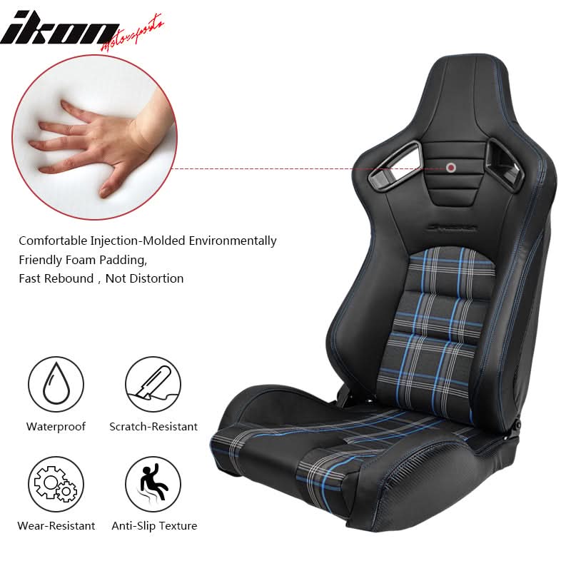 Universal Blue Plaid Racing Seat Dual Slider Buckle Belt PU Carbon