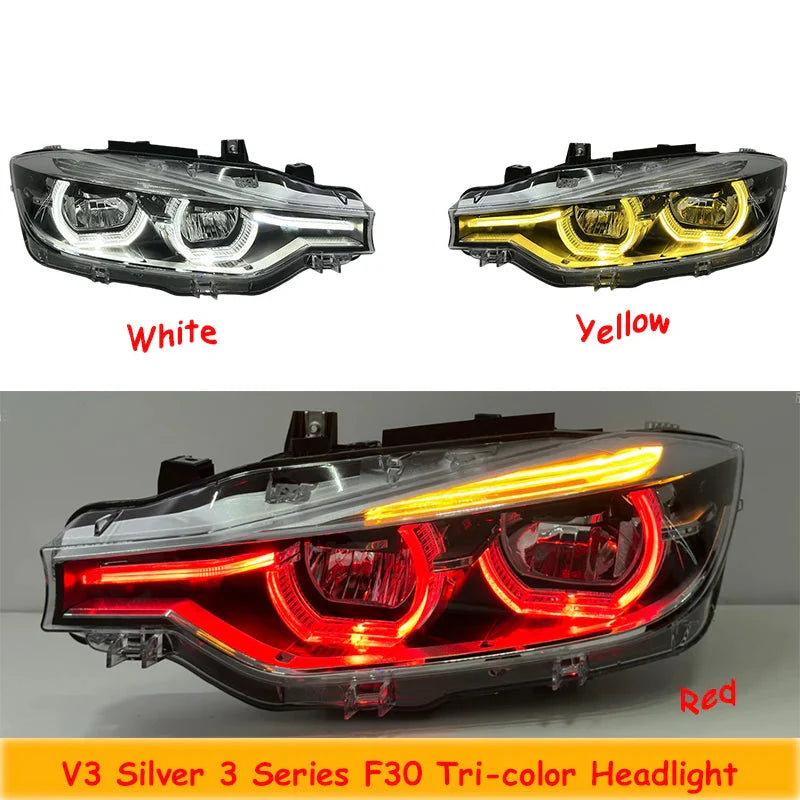 BMW 3 Series F30 / F31 / F35 V3 Silver Tri-Color LED Headlight Assembly (White / Yellow / Red DRL / LCI Style Look) 2012 - 2018 (Replaces 63117314531)