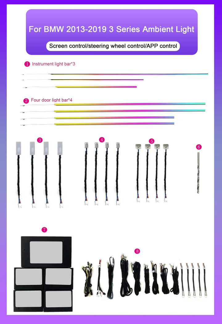 BMW 3 Series F30 / F31 / F35 Interior 64-Color Symphony LED Ambient Light Kit 2013 - 2019