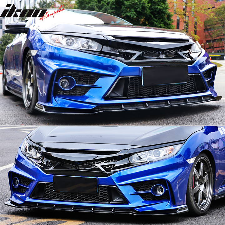 2016-2021 Honda Civic IKON Style Gloss Black Front Bumper Grille ABS