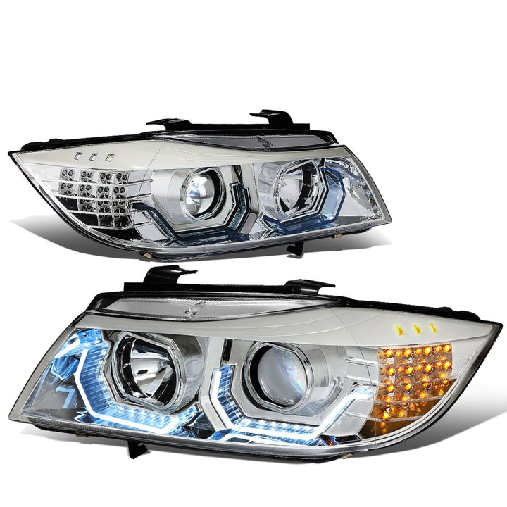 06-12 BMW 3-Series E90 3D Crystal Halo Projector LED Headlights Chrome