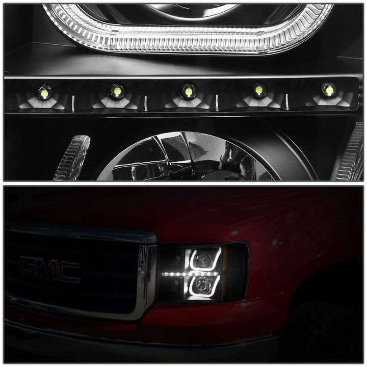 07-13 GMC Sierra LED U-Bar Halo Projector Headlights Black Housing