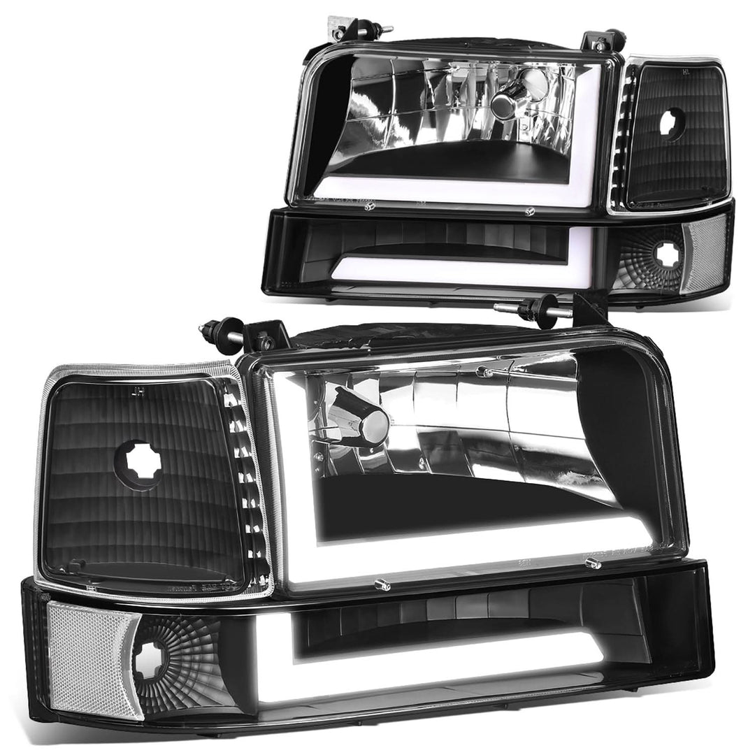 92-96 Ford F-150 F-250 F-350 Bronco Dual LED DRL Headlights Black
