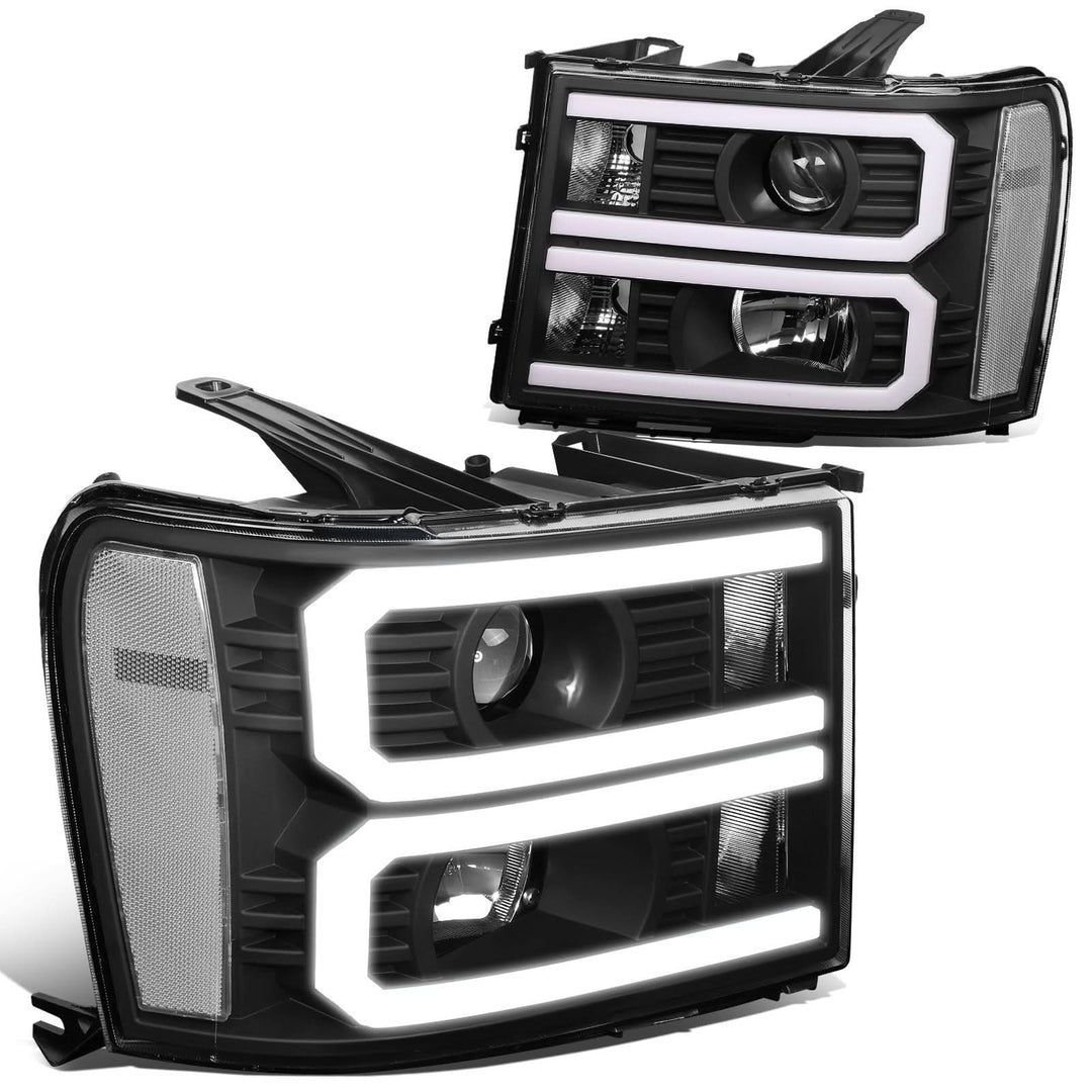 2007-2014 GMC Sierra Dual U-Bar LED DRL Headlights Black Housing