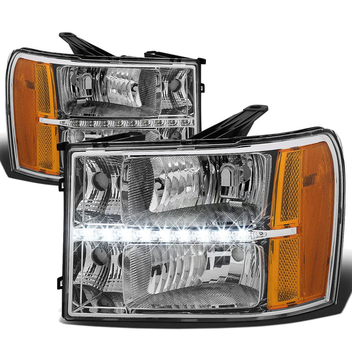 2007-2014 GMC Sierra LED DRL Headlights Chrome Housing Amber Corner