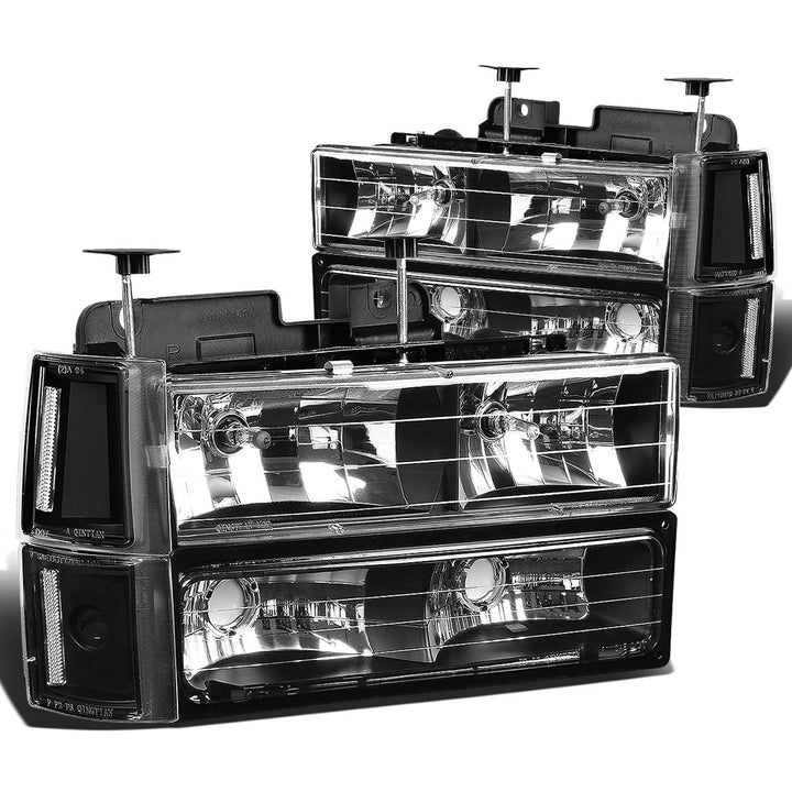 94-00 GMC C10 8PC Headlight Set - Black Housing Clear Corner