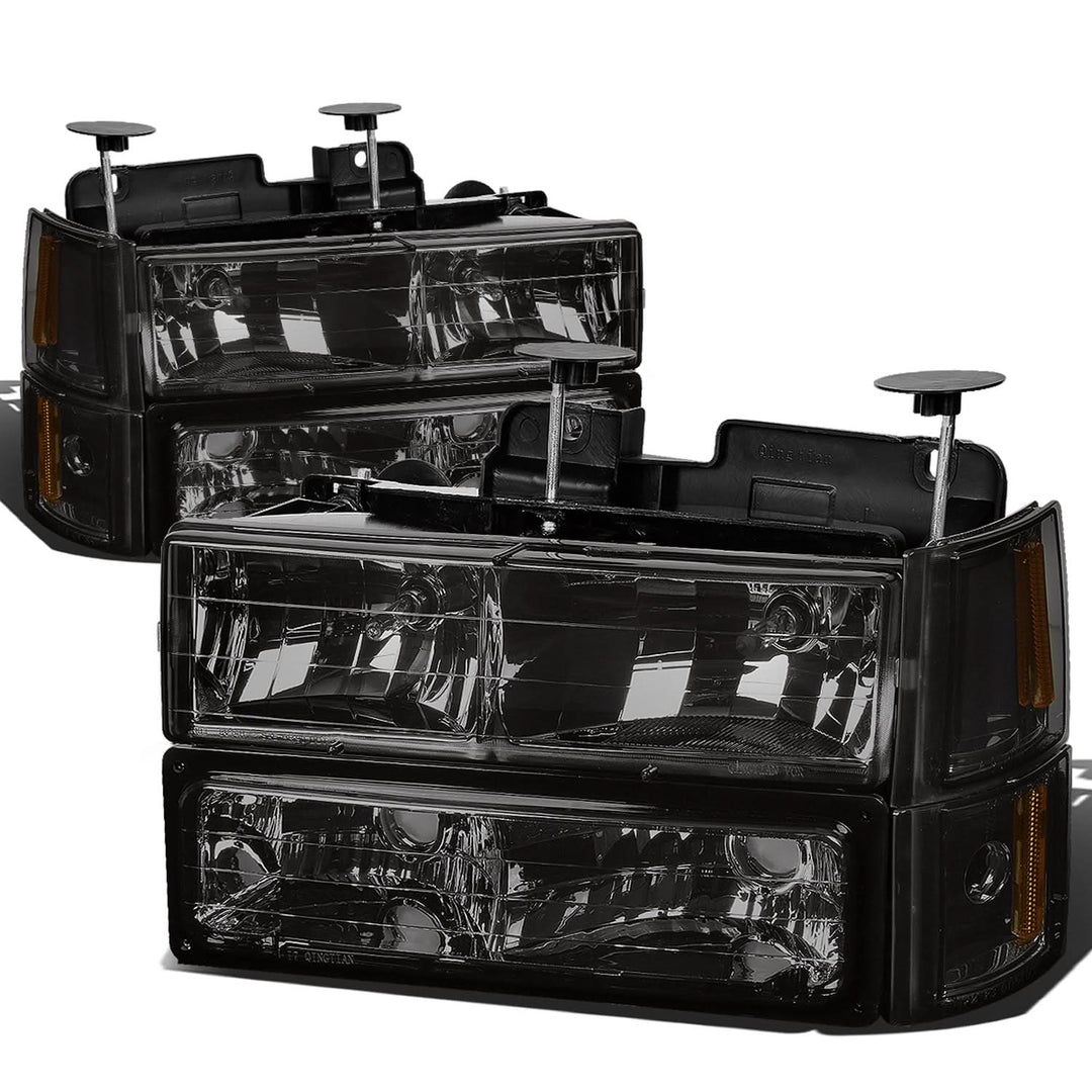 94-00 GMC C10 8PC Smoke Housing Headlight Set w/ Amber Corners
