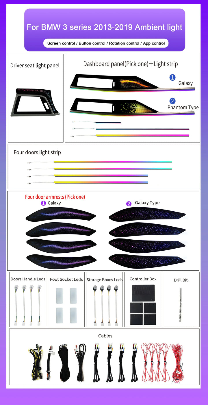 BMW 3 Series F30 / F34 / F35 LHD & RHD Interior 64-Color Symphony Starry Sky LED Ambient Light Kit 2013 - 2019