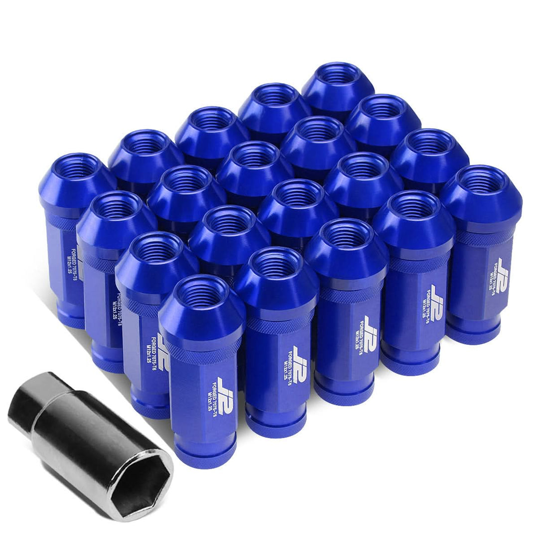Aluminum Open-End Lug Nuts 60mm M12x1.25 Blue 20pcs w/ Adapter