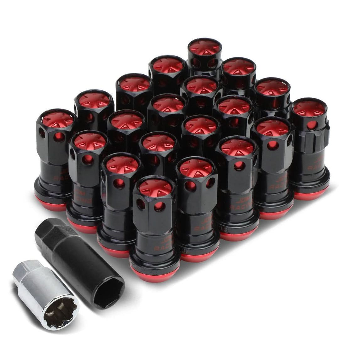 M12 x 1.5 Aluminum Lug Nuts 45mm Closed End Lock Style 16pc Black Red