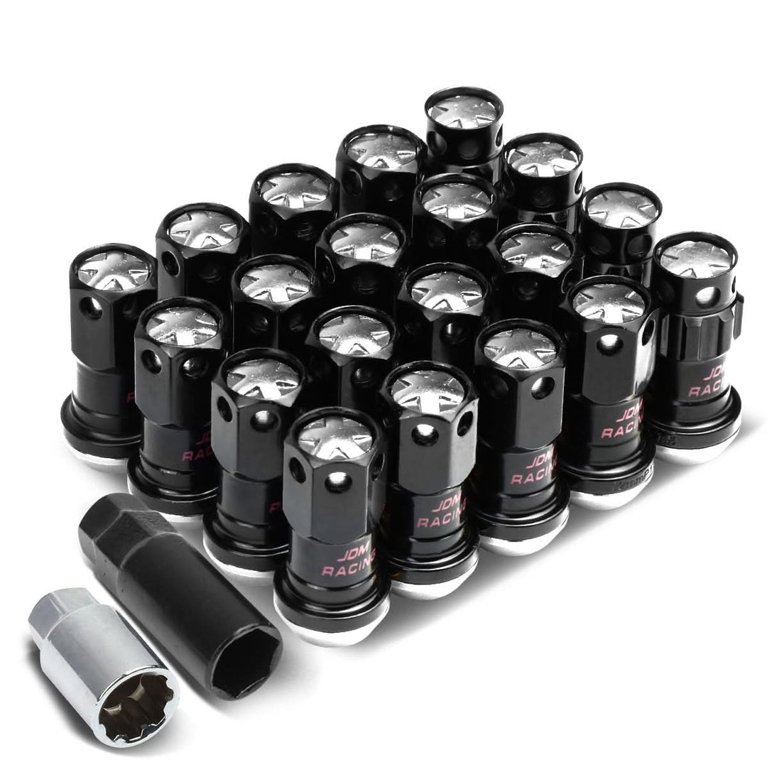 M12x1.5 Aluminum Lug Nuts 45mm Closed End 16pc + 4 Locks Black Silver