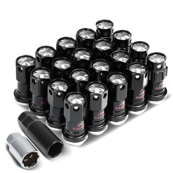 M12x1.5 Aluminum Lug Nuts 45mm Closed End 16pc + 4 Locks Black Silver