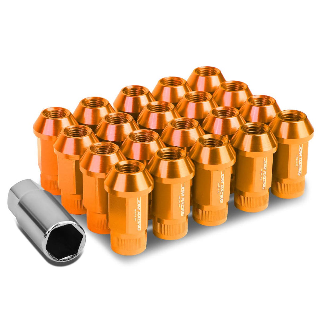 M12x1.5 Aluminum Lug Nuts - 44mm Extended Acorn Knurled - Orange 20pc