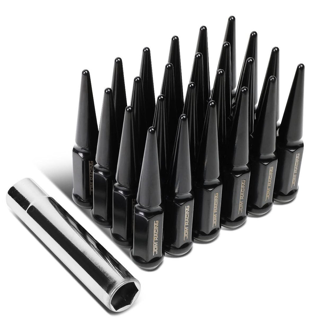 M14 x 1.5 Spike Lug Nuts 23mm OD 112mm Tall Black Steel 24 Pack