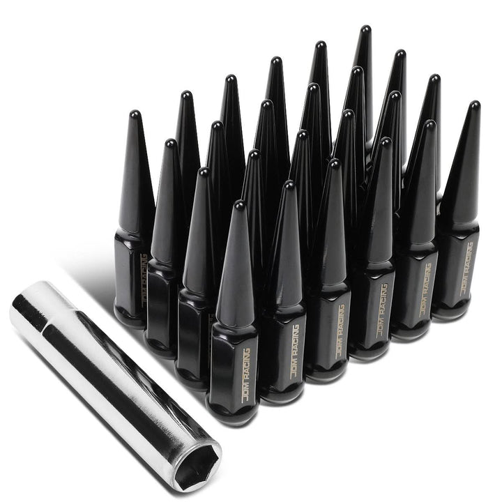 M14 x 1.5 Spike Lug Nuts 23mm OD 112mm Tall Black Steel 24 Pack