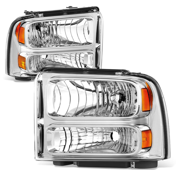 99-04 Ford Super Duty One Piece Headlight Chrome Housing Amber Reflector