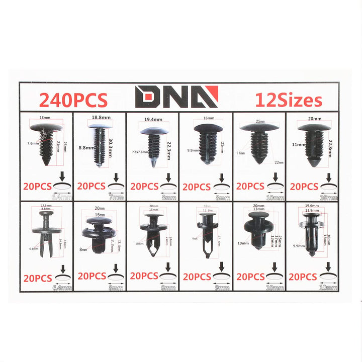 240pc Plastic Clips Kit w/ Removal Tool - 12 Sizes Black