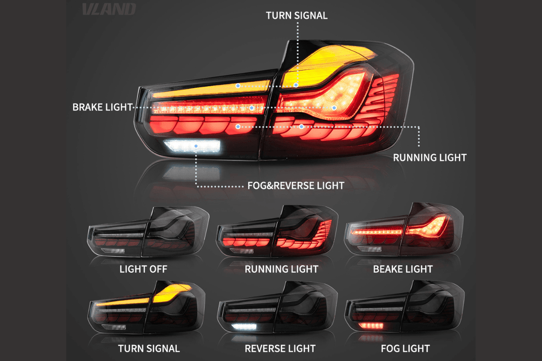 BMW 3-Series 6th Gen F30 F35 F80 GTS Style -Red or Smoked- OLED Dynamic Tail Lights (2012-2019)